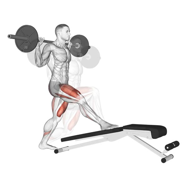 Incline lunge squat with barbell — ejercicio de Pierna, nivel Intermedio